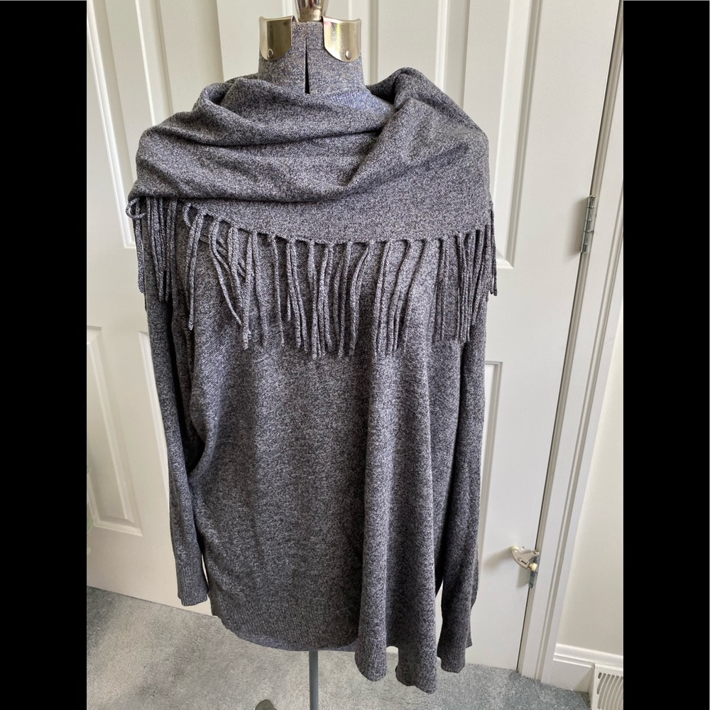 Gray Fringed Cowlneck Sweater